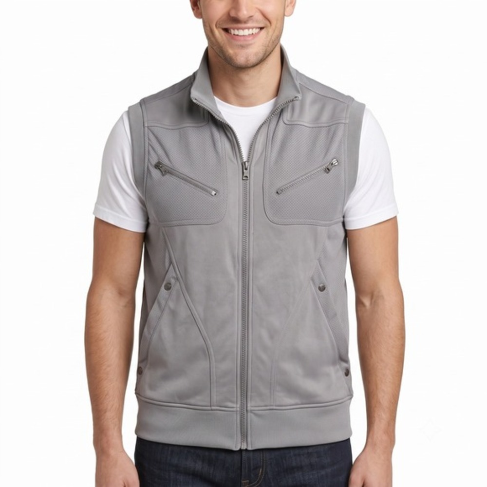 Guess Mens L Grey Full Zip Mock Neck‎ Perforated Panel Athletic Track Vest